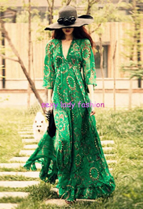 2015-Women39s-BOHEMIAN-Printed-Floral-Ethnic-Green-Deep-V-neck-Long-Chiffon-Dresses-Fashion-Gisele-B-32359685683