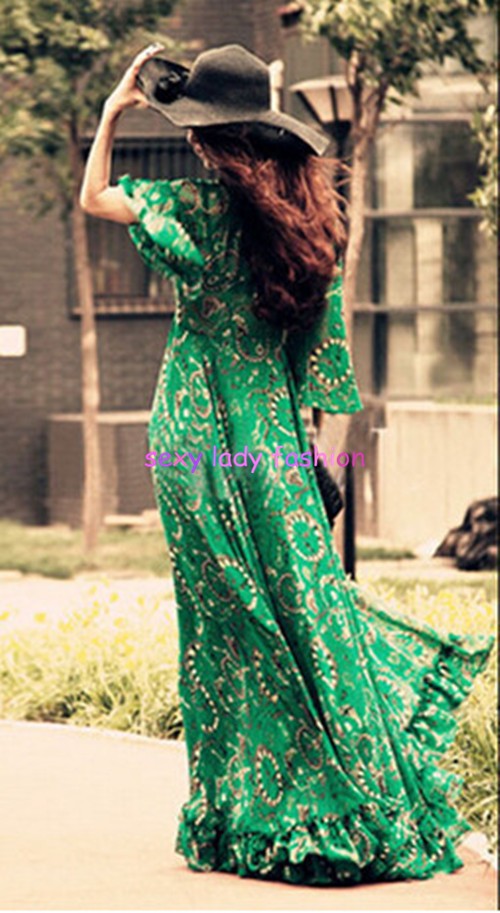 2015-Women39s-BOHEMIAN-Printed-Floral-Ethnic-Green-Deep-V-neck-Long-Chiffon-Dresses-Fashion-Gisele-B-32359685683