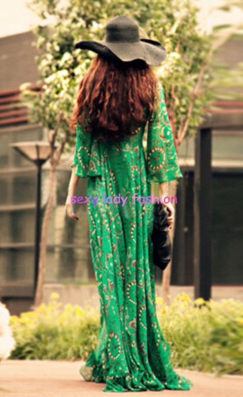 2015-Women39s-BOHEMIAN-Printed-Floral-Ethnic-Green-Deep-V-neck-Long-Chiffon-Dresses-Fashion-Gisele-B-32359685683