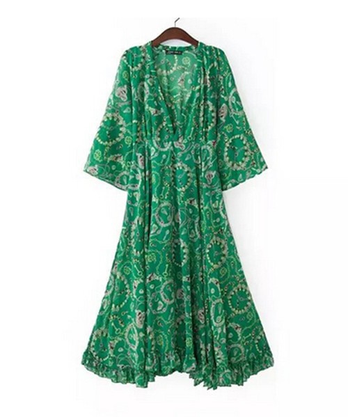 2015-Women39s-BOHEMIAN-Printed-Floral-Ethnic-Green-Deep-V-neck-Long-Chiffon-Dresses-Fashion-Gisele-B-32359685683