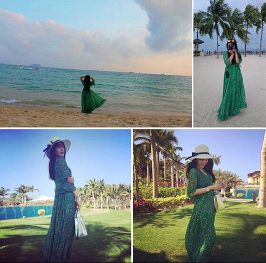 2015-Women39s-BOHEMIAN-Printed-Floral-Ethnic-Green-Deep-V-neck-Long-Chiffon-Dresses-Fashion-Gisele-B-32359685683
