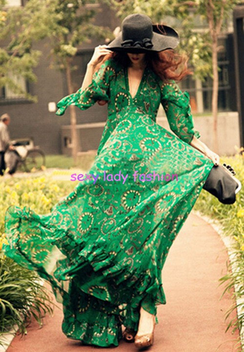 2015-Women39s-BOHEMIAN-Printed-Floral-Ethnic-Green-Deep-V-neck-Long-Chiffon-Dresses-Fashion-Gisele-B-32359685683