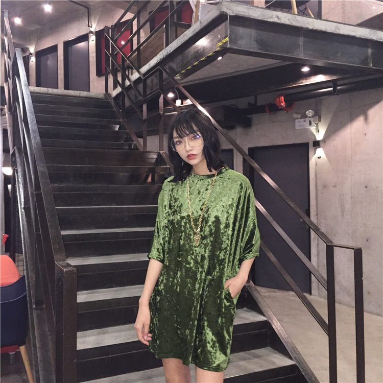 2016-Autumn-Korean-New-Arrival-Women-Shining-Velvet-Dress-Half-sleeved-Loose-Casual-Tee-Dress-Pink-G-32756068672
