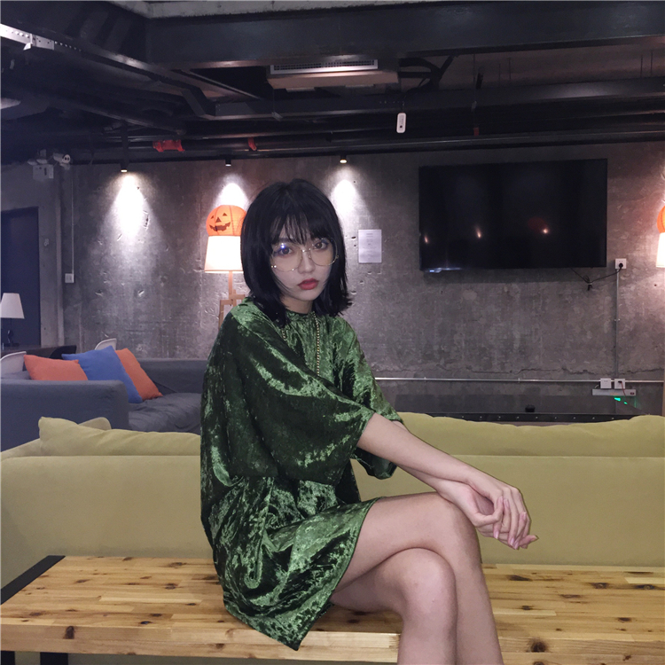 2016-Autumn-Korean-New-Arrival-Women-Shining-Velvet-Dress-Half-sleeved-Loose-Casual-Tee-Dress-Pink-G-32756068672
