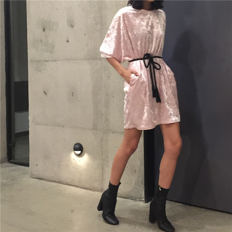 2016-Autumn-Korean-New-Arrival-Women-Shining-Velvet-Dress-Half-sleeved-Loose-Casual-Tee-Dress-Pink-G-32756068672