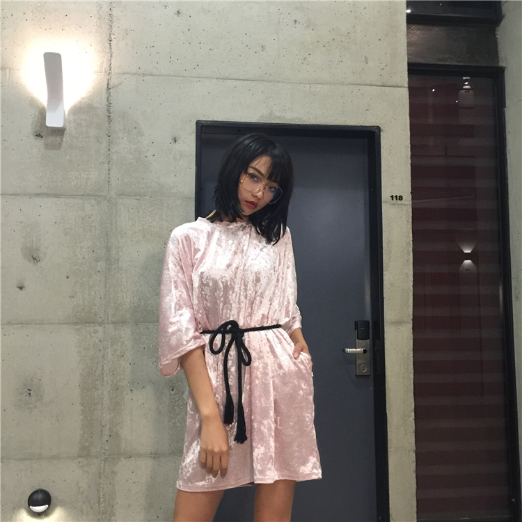 2016-Autumn-Korean-New-Arrival-Women-Shining-Velvet-Dress-Half-sleeved-Loose-Casual-Tee-Dress-Pink-G-32756068672