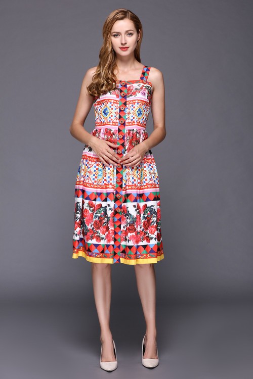 2016-Rose-Printed-Dress-Summer-New-Women-Spaghetti-Strap-Crystal-Button-Knee-Length-Dress-32750309626
