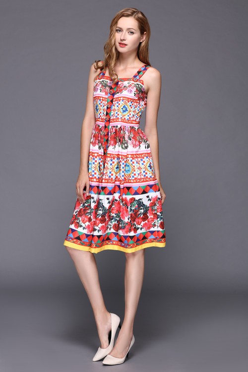 2016-Rose-Printed-Dress-Summer-New-Women-Spaghetti-Strap-Crystal-Button-Knee-Length-Dress-32750309626