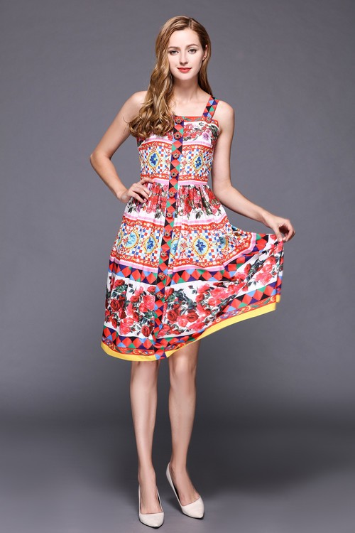 2016-Rose-Printed-Dress-Summer-New-Women-Spaghetti-Strap-Crystal-Button-Knee-Length-Dress-32750309626