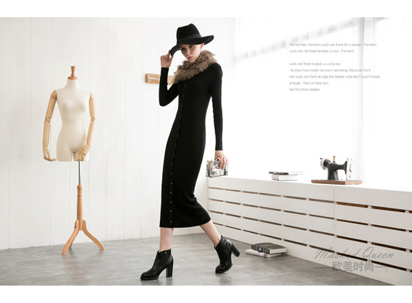 2016-Women-Long-Sleeved-Knit-Dress-Midi-Calf-Length-Buttons-Slim-Waist-Ladies-Graceful-Bottom-Dress--32732763808