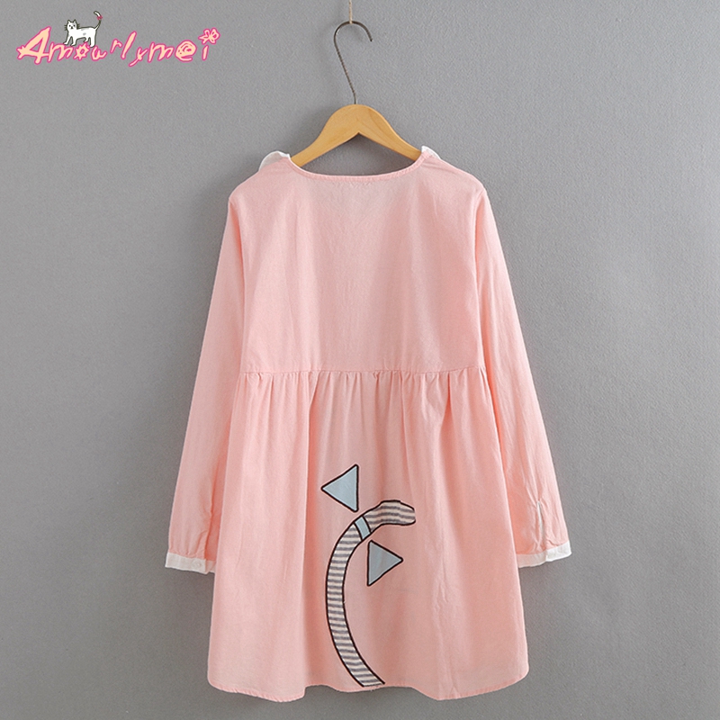 2017-Spring-Women-Dress-Japanese-Style-Mori-Girl-Sweet-Pink-Bow-Lacing-Doll-Collar-Cat-Embroidery-Lo-32796311350
