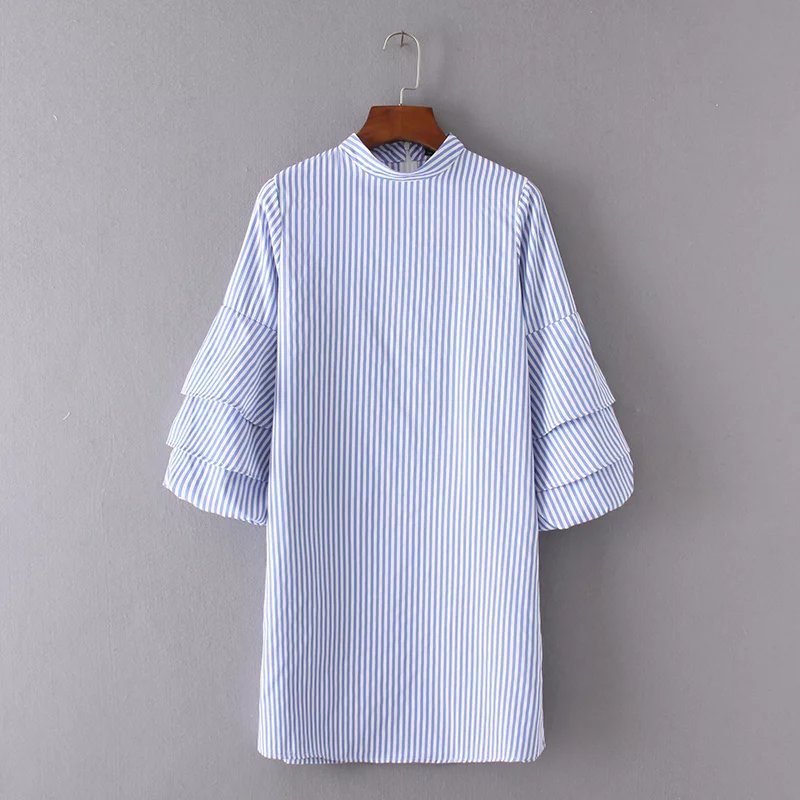 2017-women-vintage-Blue-stripe-laminated-sleeve-mini-dres-elegant-vestidos-stand-collar-casual-slim--32801381039