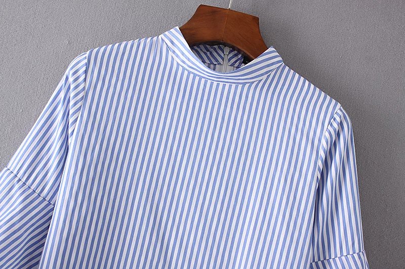 2017-women-vintage-Blue-stripe-laminated-sleeve-mini-dres-elegant-vestidos-stand-collar-casual-slim--32801381039