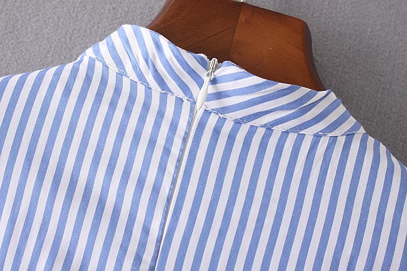 2017-women-vintage-Blue-stripe-laminated-sleeve-mini-dres-elegant-vestidos-stand-collar-casual-slim--32801381039