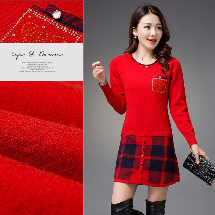 2018-Korean-Fashion-Autumn-Winter-Women-Sweater-Dress-Patchwork-Plaid-O-Neck-Long-Sleeve-Elegant-Sli-32714369608