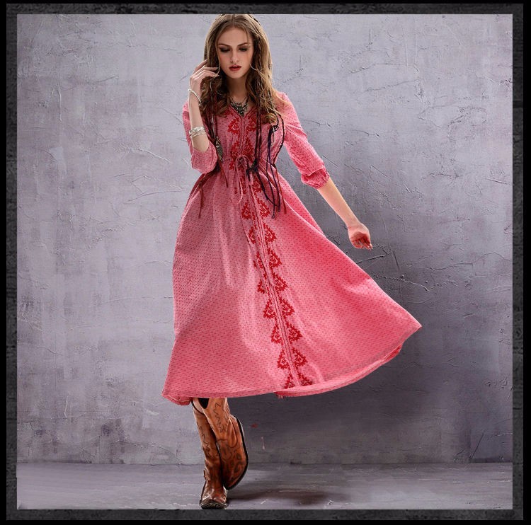 2018-New-Ethnic-Tribal-Print-Boho-Summer-Embroidery-Vintage-Cotton-Linen-Dress-Empire-Casual-Beach-L-32401265809