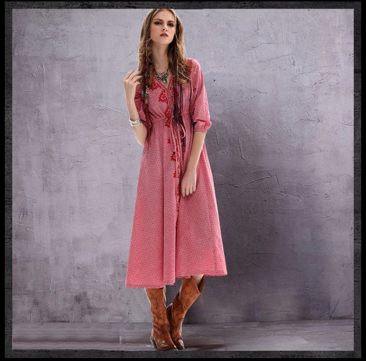 2018-New-Ethnic-Tribal-Print-Boho-Summer-Embroidery-Vintage-Cotton-Linen-Dress-Empire-Casual-Beach-L-32401265809