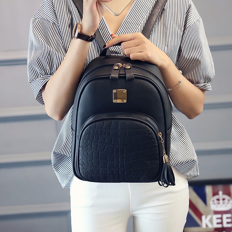 Alligator-Pattern-Girl-School-Bags-For-Teenagers--Women-Small-Backpack-Black-Leather-Women39s-Backpa-32698359956