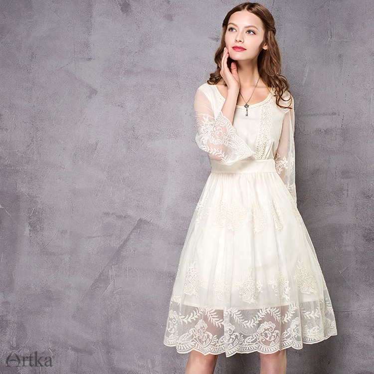 Artka-Women39s-2017-Spring-Vintage-Solid-Color-Embroidery-Dress-Fashion-O-Neck-Flare-Sleeve-Empire-W-32798105747