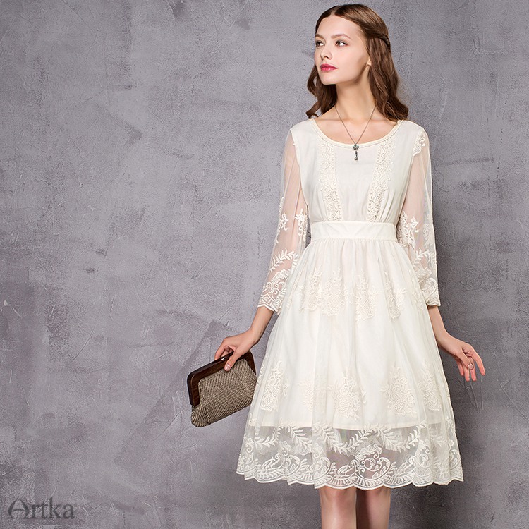Artka-Women39s-2017-Spring-Vintage-Solid-Color-Embroidery-Dress-Fashion-O-Neck-Flare-Sleeve-Empire-W-32798105747
