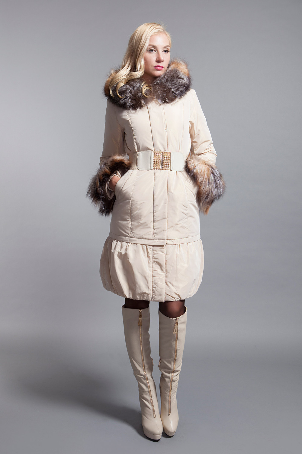 Basic-Editions-Winter-Women-Slim-Fit-Belt-Silver-Fox-Fur-Sleeves-Down-Jacket-Coat---DY10128-32241827719
