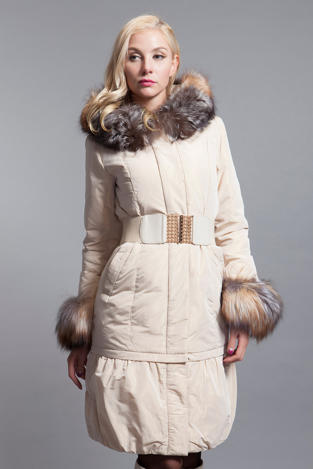 Basic-Editions-Winter-Women-Slim-Fit-Belt-Silver-Fox-Fur-Sleeves-Down-Jacket-Coat---DY10128-32241827719