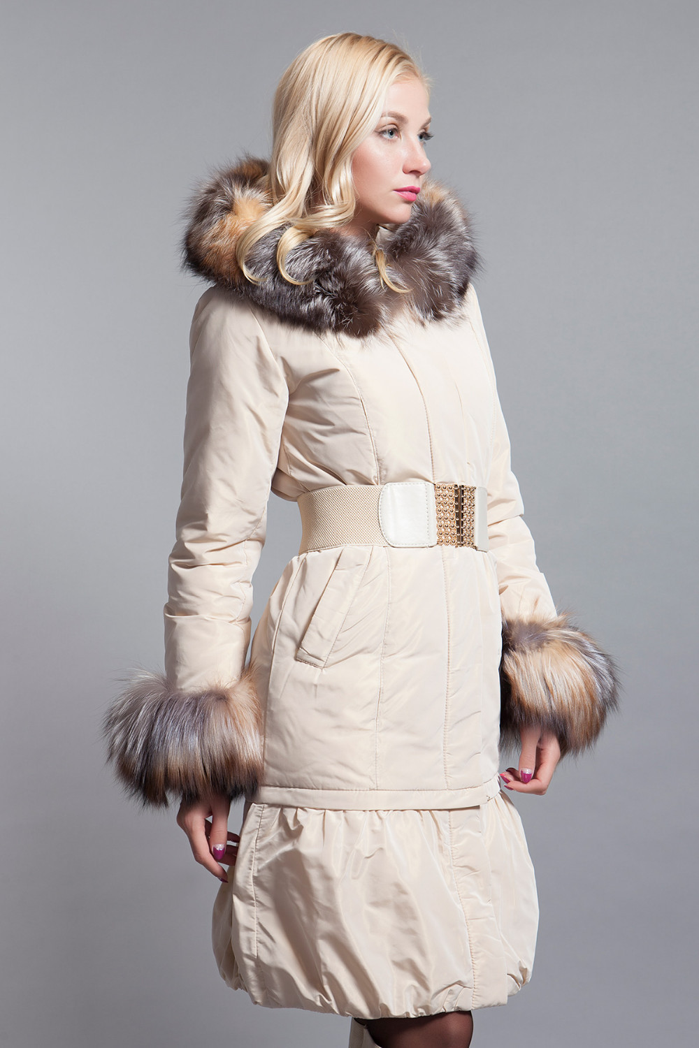 Basic-Editions-Winter-Women-Slim-Fit-Belt-Silver-Fox-Fur-Sleeves-Down-Jacket-Coat---DY10128-32241827719