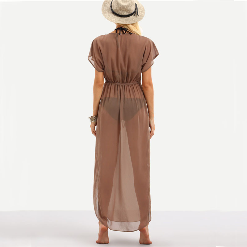 COLROVIE-Ladies-Brown-Drawstring-Waist-V-Neck-Split-Dresses-Summer-Beach-Wear-Sexy-Short-Sleeve-Long-32688089509