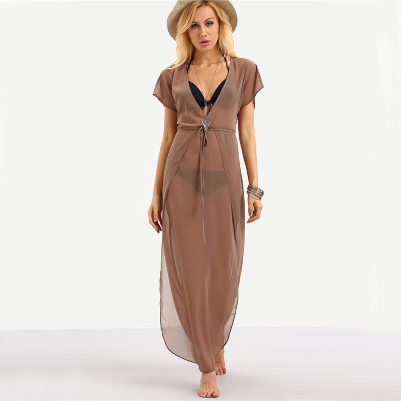 COLROVIE-Ladies-Brown-Drawstring-Waist-V-Neck-Split-Dresses-Summer-Beach-Wear-Sexy-Short-Sleeve-Long-32688089509