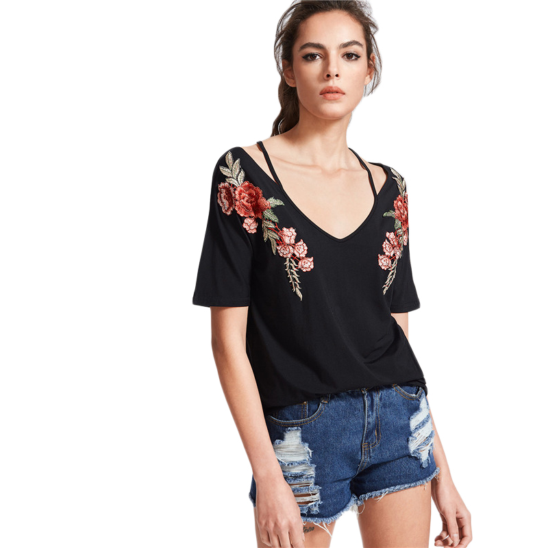 COLROVIE-Vintage-Strappy-T-shirt-Women-Black-Rose-Patch-Sexy-V-Neck-Casual-Summer-Tops-2017-New-Fash-32800718838