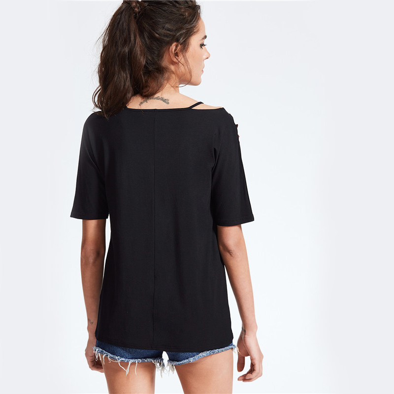 COLROVIE-Vintage-Strappy-T-shirt-Women-Black-Rose-Patch-Sexy-V-Neck-Casual-Summer-Tops-2017-New-Fash-32800718838
