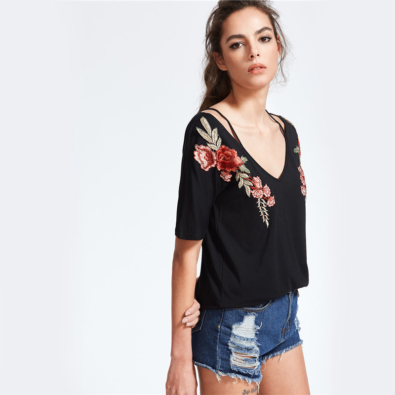 COLROVIE-Vintage-Strappy-T-shirt-Women-Black-Rose-Patch-Sexy-V-Neck-Casual-Summer-Tops-2017-New-Fash-32800718838