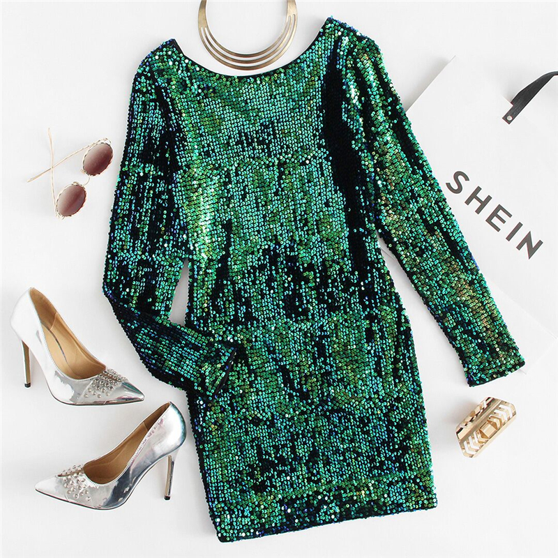 COLROVIE-Women-Dress-Elegant-Sexy-Club-Dresses-Korean-Style-Brand-Green-Iridescent-Long-Sleeve-Sequi-32778192350