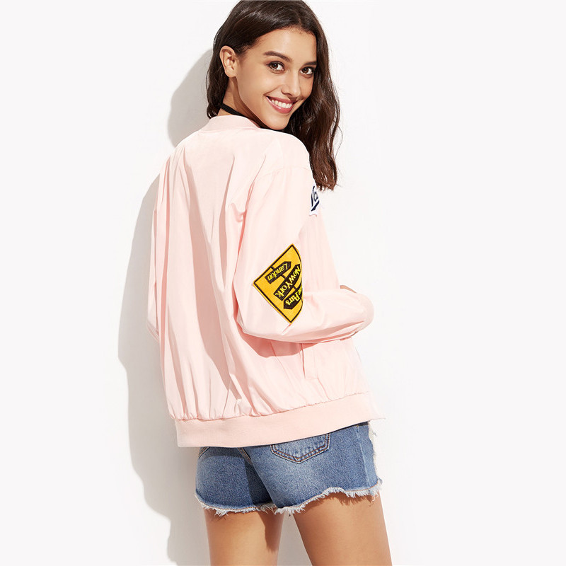 Dotfashion-Pink-Embroidered-Patch-Zipper-Bomber-Jacket-Women39s-Stand-Collar-Long-Sleeve-Twin-Pocket-32733798140