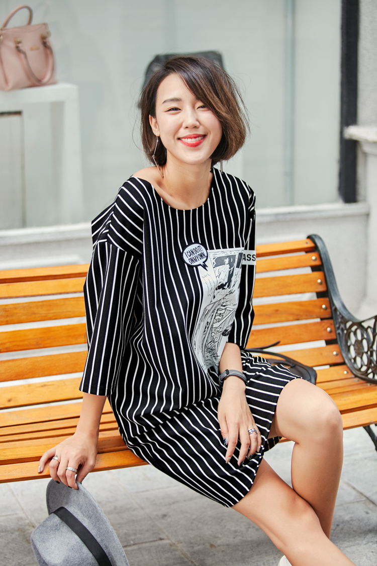 Double-puppet-2017-new-autumn-Literature-stripe-show-shin-casual-dress-o-neck-three-quarter-loose-st-32741285942