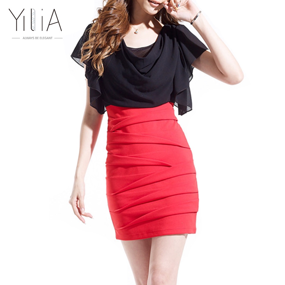 Dress-Chiffon-Women-Elegant-White-Red-Black-Color-Block-Short-Sleeve-Pleated-2017-Cowl-Neck-Patchwor-32744660633