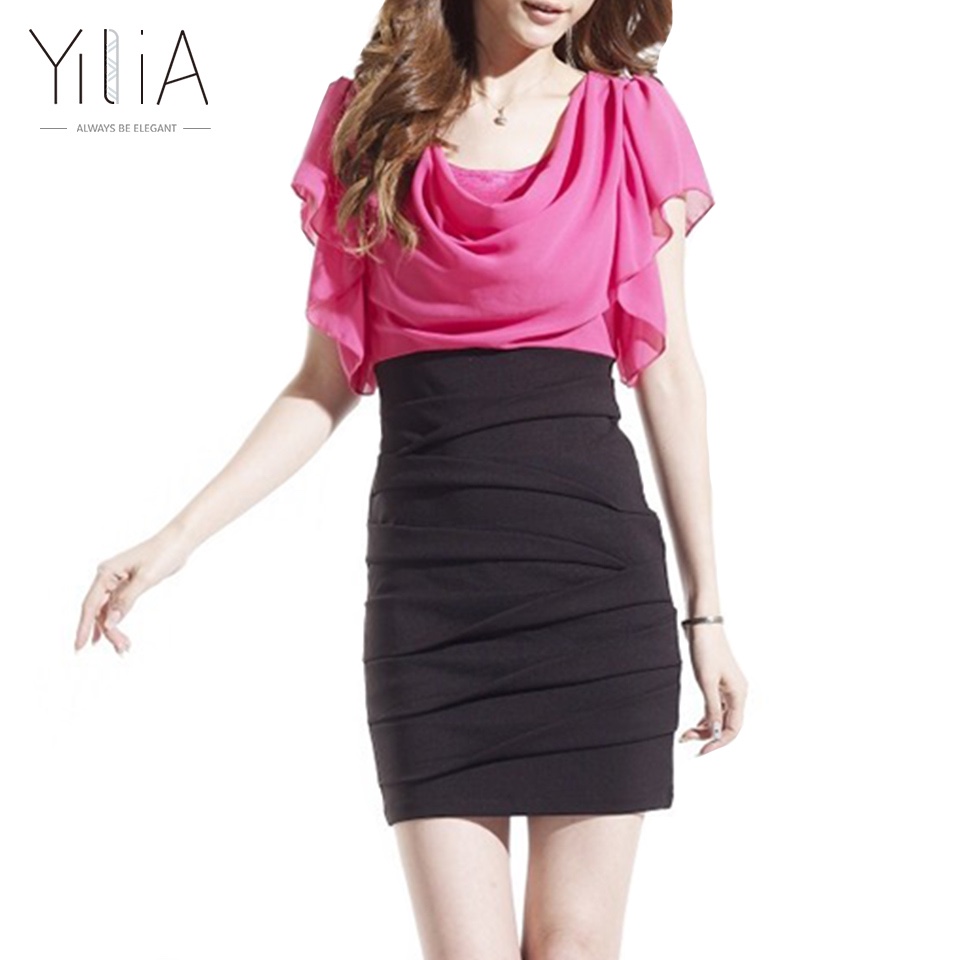 Dress-Chiffon-Women-Elegant-White-Red-Black-Color-Block-Short-Sleeve-Pleated-2017-Cowl-Neck-Patchwor-32744660633