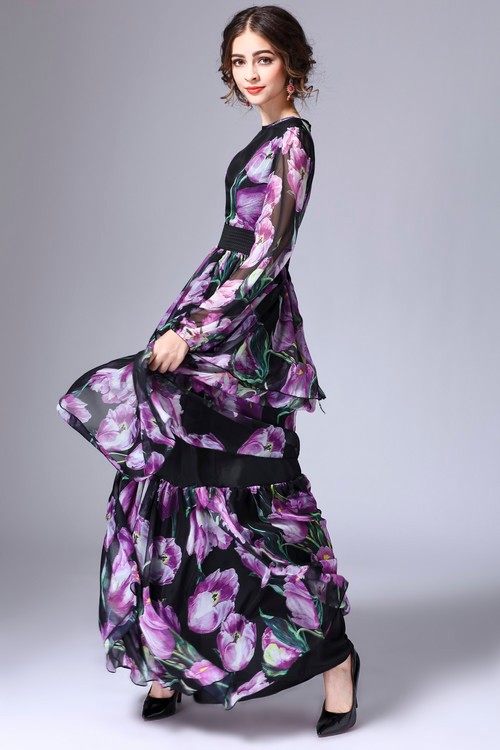 Elegant-Dress-2017-Fashion-Daily-Slim-Full-Sleeve-Long-Purple-Tulip-Flowers-Print--Beautiful-Women39-32744945905