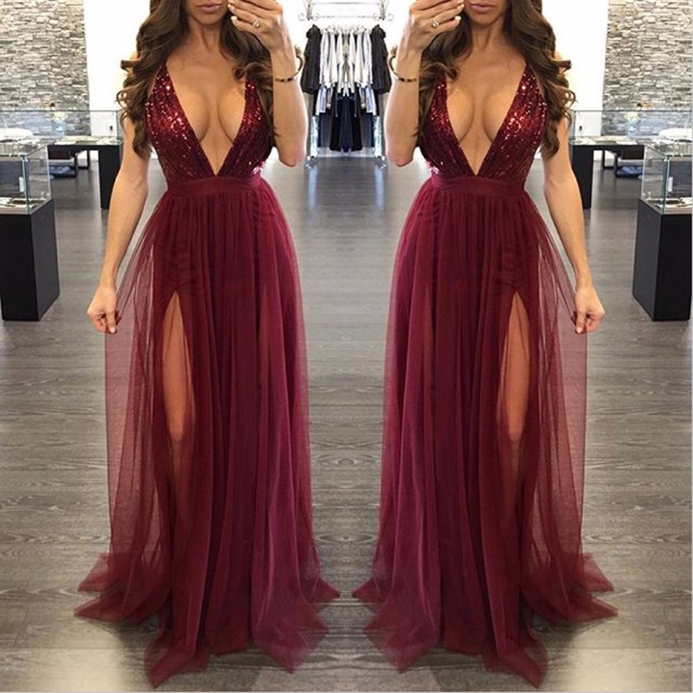 Fashion-women-dress-2016-new-autumn-Red-wine-sleeveless-deep-v-backless-mesh-Stitching-sequins-sexy--32782362760