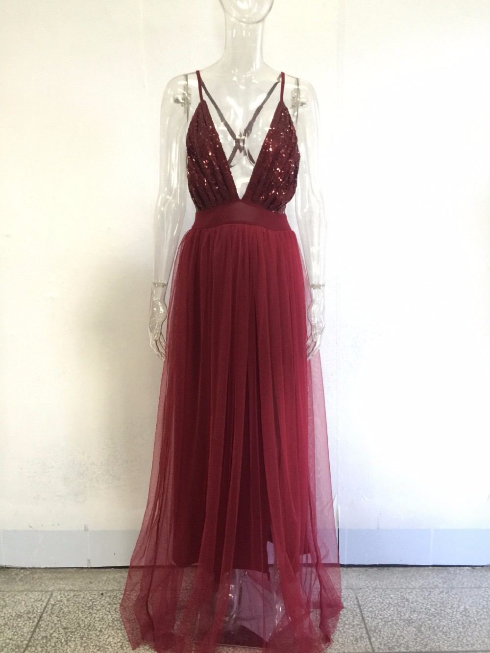 Fashion-women-dress-2016-new-autumn-Red-wine-sleeveless-deep-v-backless-mesh-Stitching-sequins-sexy--32782362760