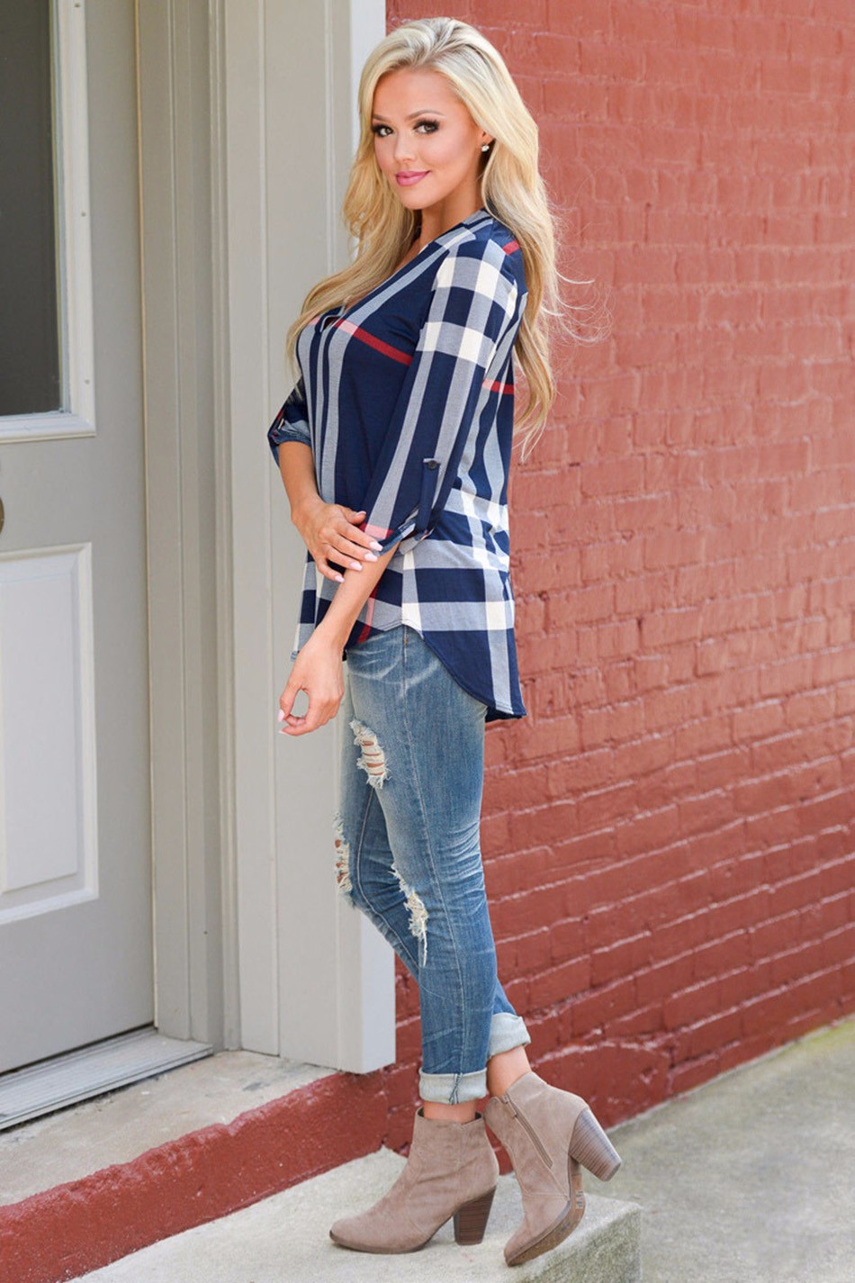 Forefair-2016-Trendy-Fashion-Plaid-Print-Womens-Tops-Casual-Loosse-Straight-Blusa-Three-Quarter-Slee-32746525831