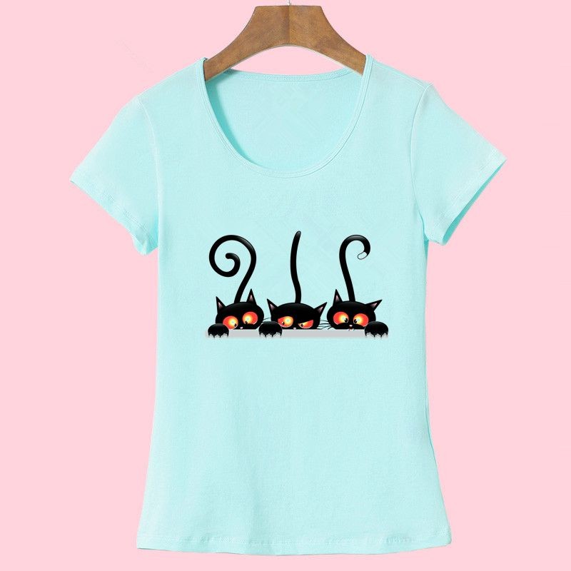 Hot-New-Fashion-Summer-Women39s-Casual-Slim-Short-Sleeved-T-Shirt-Camisas-with-Peek-of-Three-Kittens-32650888696