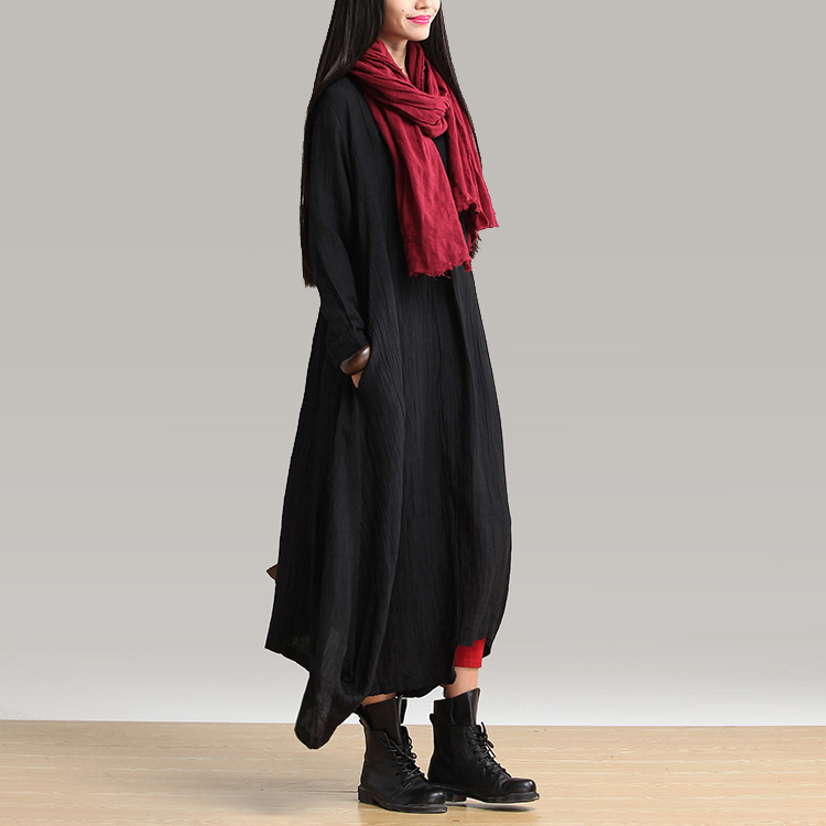 Johnature-2017-Spring-New-Women-Black-Color-Casual-Dress-Robe-Long-Sleeve-V-Neck-Loose-Brief-Plus-Si-32445076364