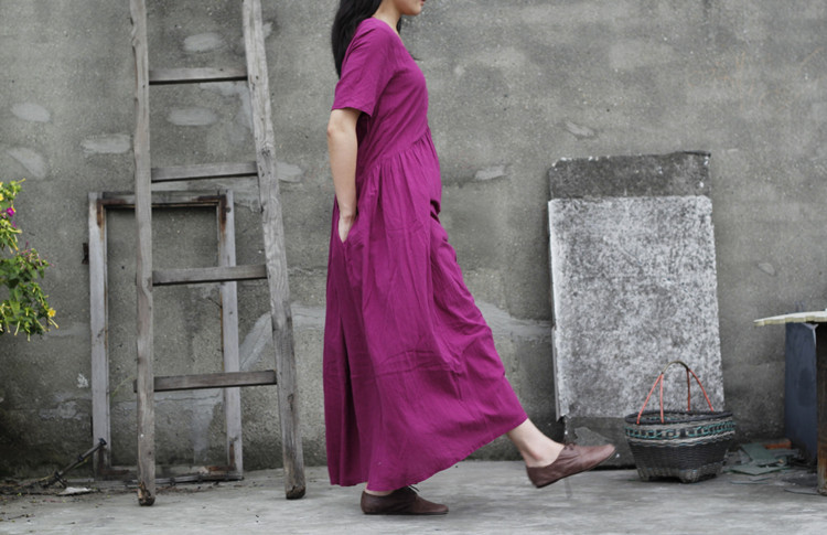 Johnature-2017-Women-New-Original-Dresses-Short-Sleeve-Literature-Solid-Pleated-Ankle-Length-O-neck--32275917479