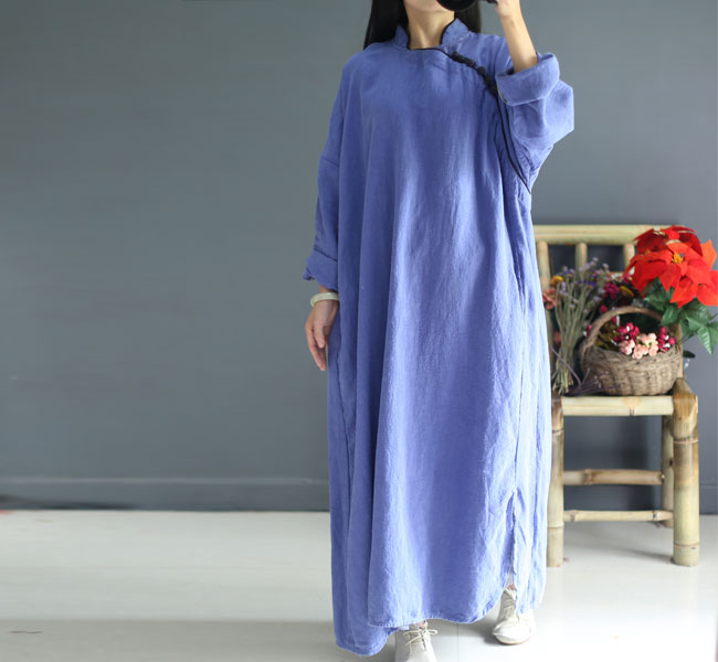 Johnature-Women-Maxi-Dress-Vintage-Robes-2018-Autumn-New-Loose-Cotton-Linen-Stand-Button-2-Colour-Ch-32713859919