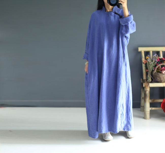 Johnature-Women-Maxi-Dress-Vintage-Robes-2018-Autumn-New-Loose-Cotton-Linen-Stand-Button-2-Colour-Ch-32713859919