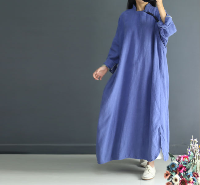 Johnature-Women-Maxi-Dress-Vintage-Robes-2018-Autumn-New-Loose-Cotton-Linen-Stand-Button-2-Colour-Ch-32713859919