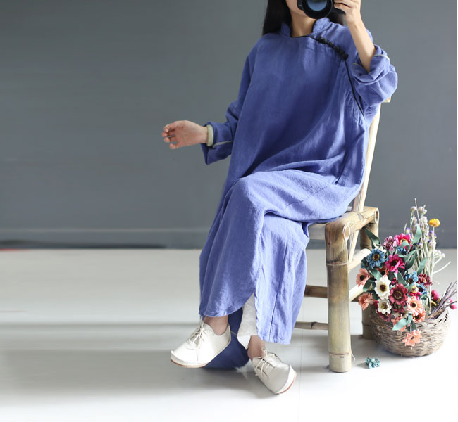 Johnature-Women-Maxi-Dress-Vintage-Robes-2018-Autumn-New-Loose-Cotton-Linen-Stand-Button-2-Colour-Ch-32713859919