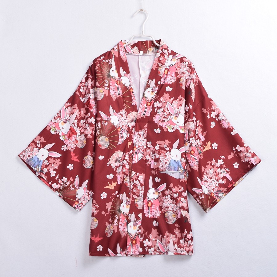 Kawaii-Japanese-Yukata-Kimono-Cute-Women-Onegai-Usagi-Praying-Rabbit-Matsuri-Blossom-Bunny-Coat--Jac-32651132729