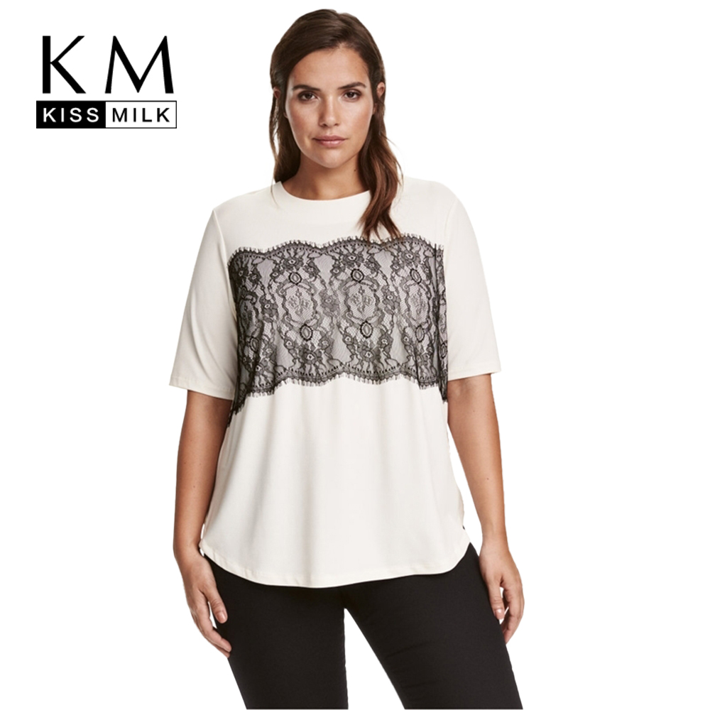 Kissmilk-Plus-Size-Women-Clothing-Casual-Solid-Lace-T-shirt-Patchwork-Short-Sleeve-Tops-Tees-O-Neck--32795179476